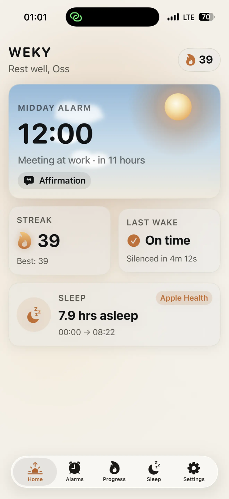 Weky home screen showing a midday alarm and sleep summary