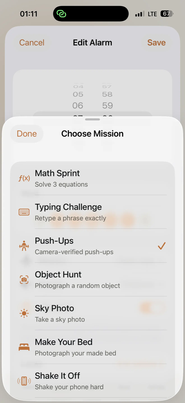 Choosing a mission in Weky: Math Sprint, Typing Challenge, Push-Ups, Object Hunt, Sky Photo, Make Your Bed, Shake It Off
