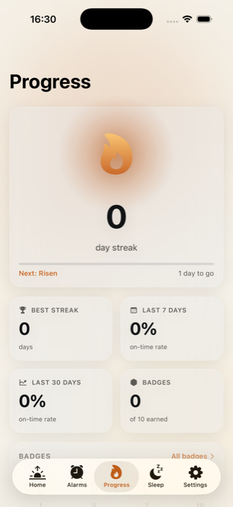 Progress screen with streak and badges
