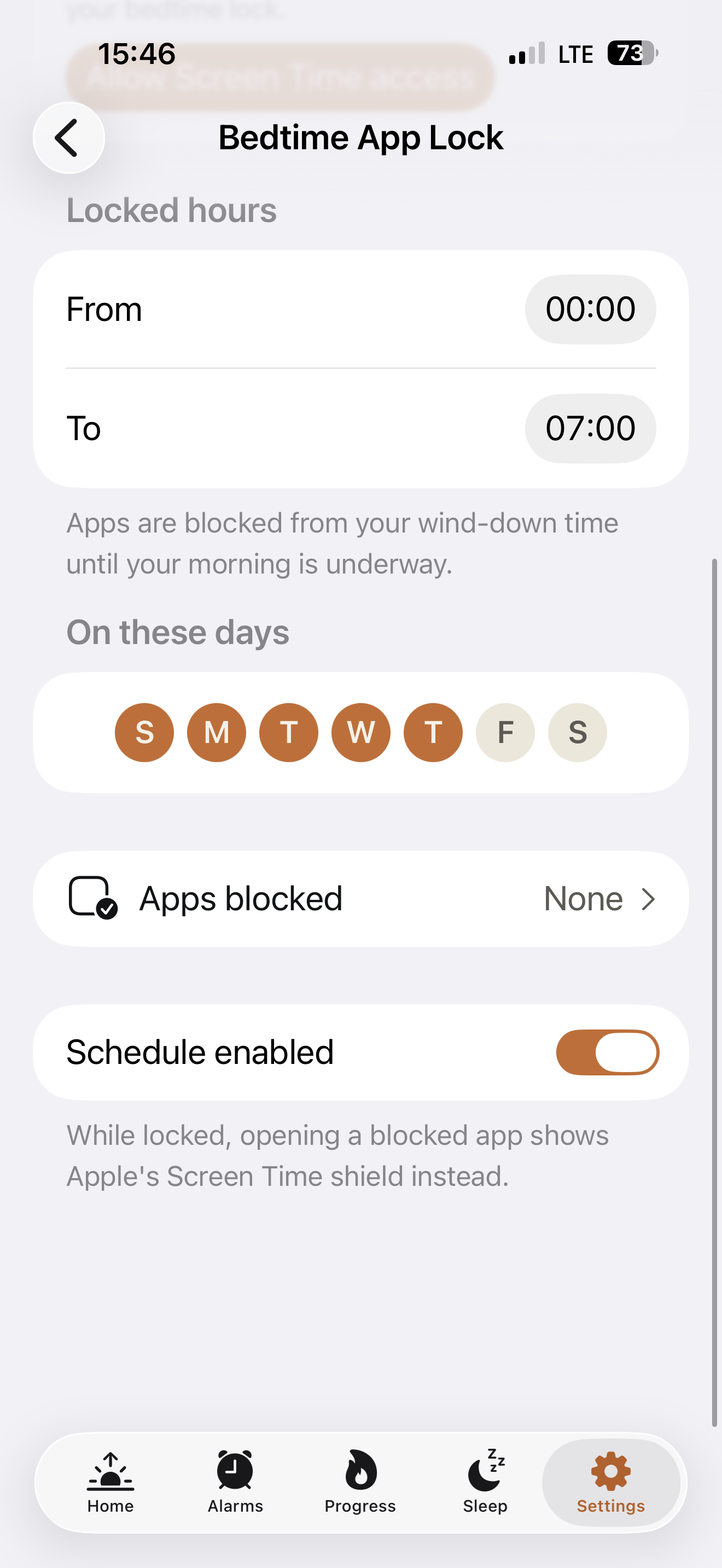 Weky settings screen