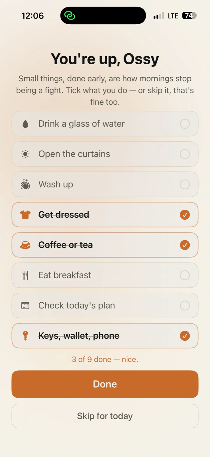 Weky's morning list: drink water, open the curtains, get dressed, coffee, breakfast